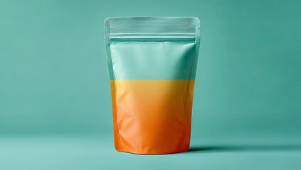 A realistic stand-up Pouch product photo mock-up with colorful sand in the background, a solid green color backdrop, high-end photography, high resolution, cinematic, soft lighting