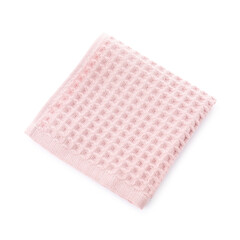 Clean pink waffle towel isolated on white, top view