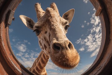 Obraz premium Close-up of giraffe's head peeking through circular opening, against backdrop of blue sky and white clouds