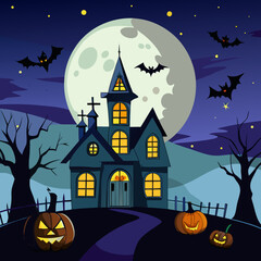 Fototapeta premium Spooky Halloween night background with haunted house and bats flying over pumpkins and a scary tree silhouette