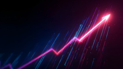 A vibrant pink and red neon arrow dramatically ascends against a dark background, symbolizing growth.