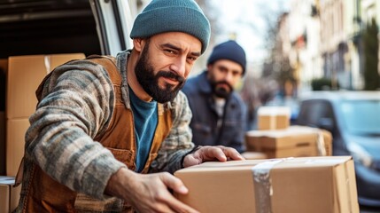 Two men unloading boxes from a delivery van on a city street.
