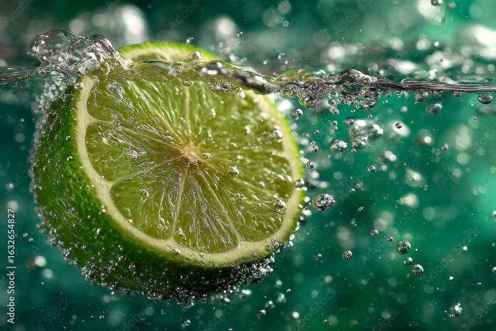 Poster Close-up of a lime slice submerged in bubbly water, creating a refreshing visual