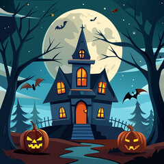 Spooky Halloween night background with pumpkins, bats, and ghosts