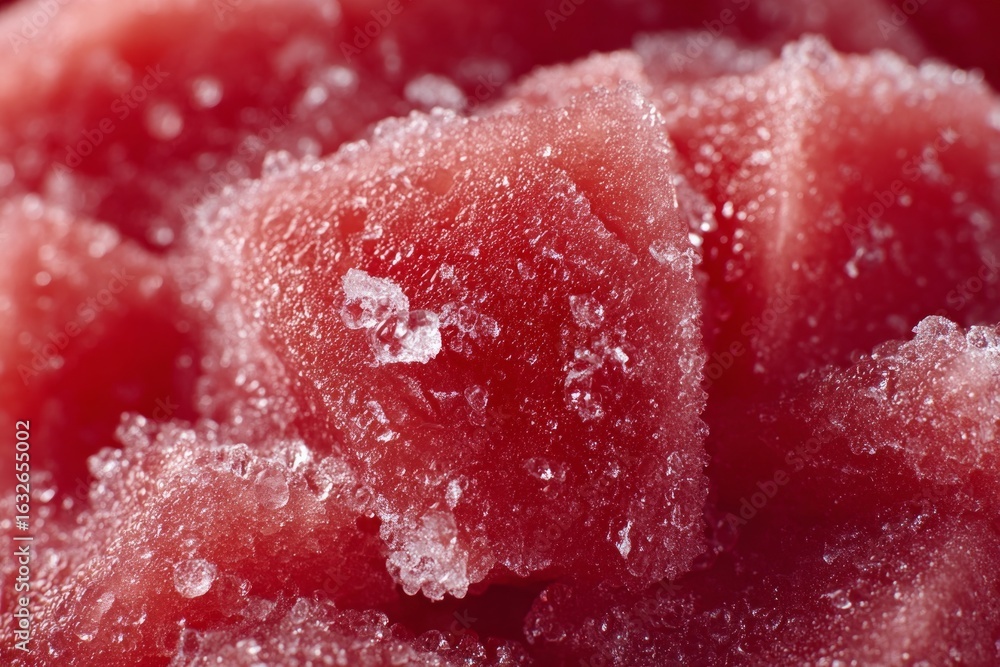 Poster close-up of frozen watermelon cubes revealing intricate ice crystal formations, creating a visually 