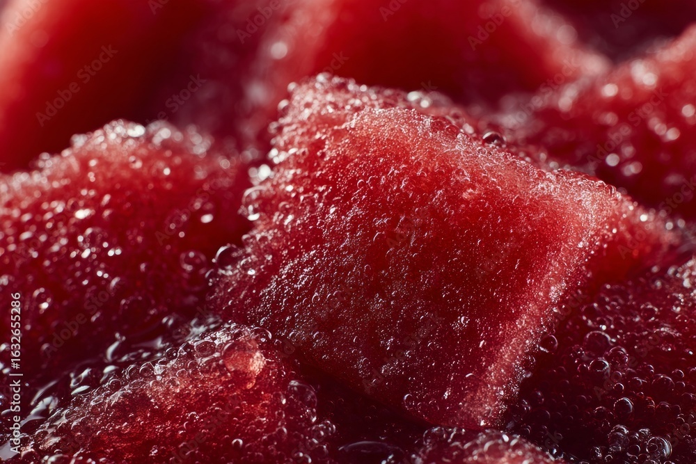 Poster close-up macro photograph capturing melting red ice cubes with refreshing bubbles, perfect for summe