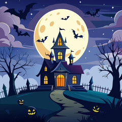 A Halloween background featuring a spooky castle and haunted house with pumpkins