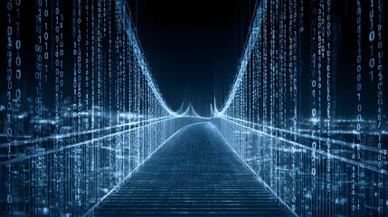 Futuristic bridge formed from binary code, symbolizing connection in the digital age landscape.