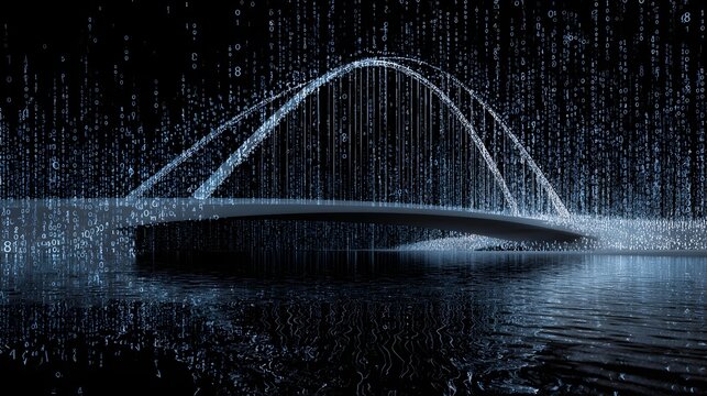 A digital bridge of light connects the gap as numeric code rains down onto a reflective surface. - Powered by Adobe