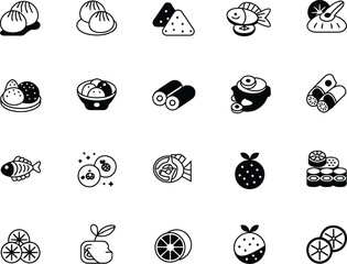 Diverse collection of stylized food icons in black and white representing culinary dishes and ingredients with a minimalist design