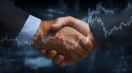 Businessmen shaking hands overlaid with financial graph illustrating deal making and agreement.