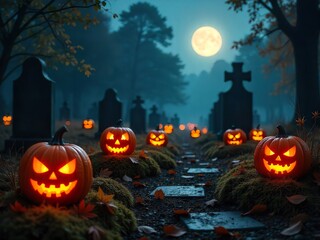 Eerie Halloween decorations with tombstones and carved pumpkins for themed parties