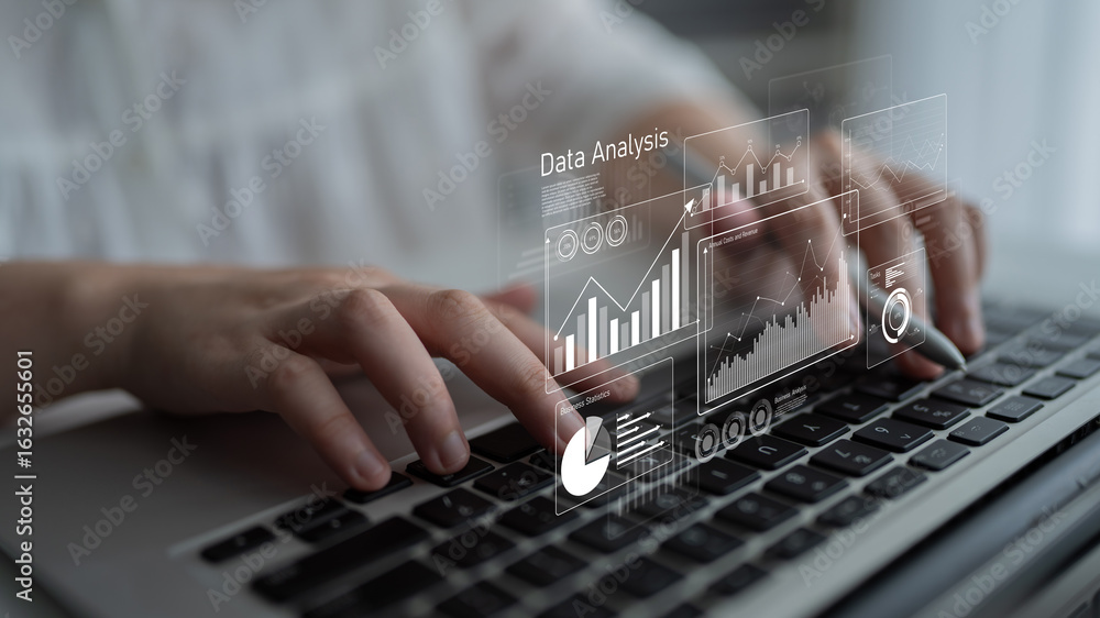 Poster business data analysis dashboard showing charts, statistics, and performance metrics for decision-ma