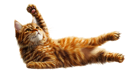 Playful ginger cat reaching upward with a paw on white background in artistic illustration