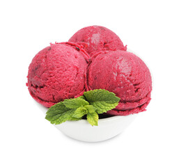 Delicious sorbet with mint in bowl isolated on white