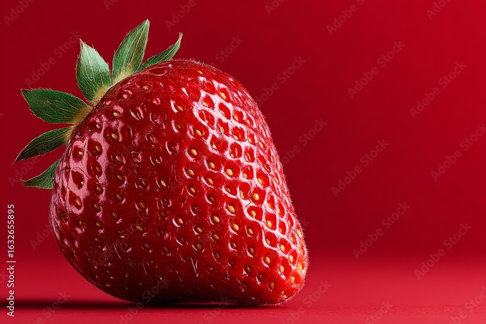 Poster close-up of a juicy strawberry showing its texture and freshness on a matching red background