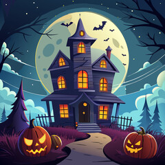 Spooky Halloween night background with pumpkins, bats, and a haunted castle silhouette