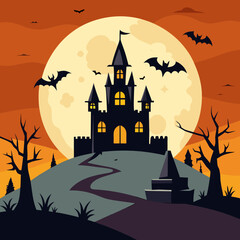 Fototapeta premium Spooky haunted castle and house silhouettes under a moonlit night, with bats and a scary pumpkin, perfect for a dark Halloween party illustration