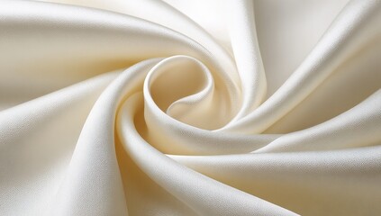 Close-up of an elegant cream-colored satin fabric, swirling in a spiral with subtle folds and creases, set against a white background. The texture is soft yet crisp, showcasing the delicate weave 