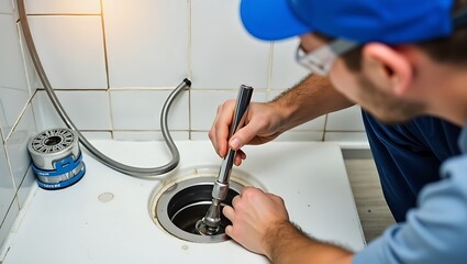 Professional plumber repairing clogged drain in bathroom sink plumbing service and maintenance expert