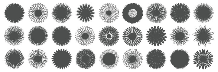  set of distinct flowers silhouettestocke designs in varying widths and styles, on white background.