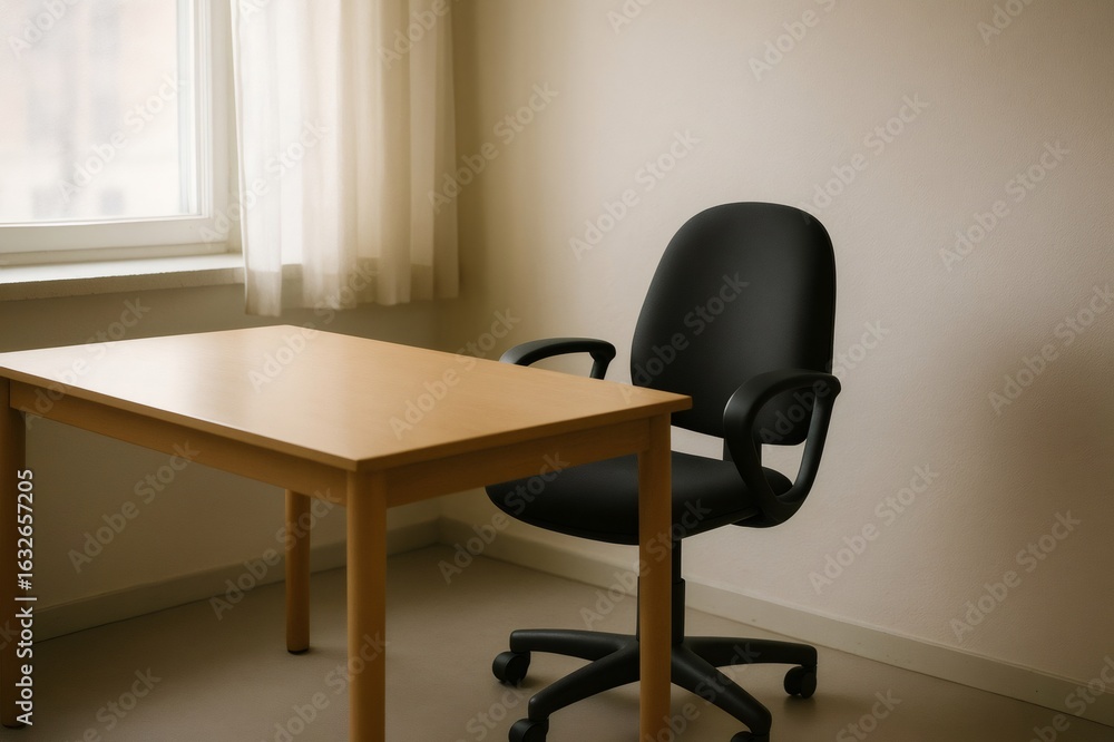 Poster simple and minimalist office space with an empty chair and table next to a window, ideal for focused