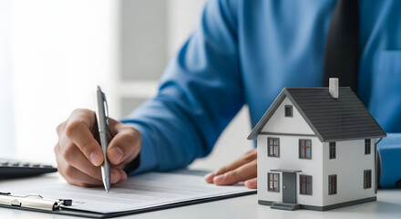 Real estate professional carefully reviews property documents while holding a pen near a miniature house model