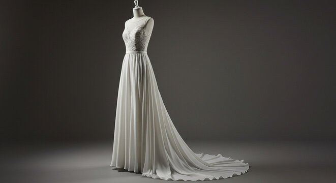 Elegant wedding dress displayed on mannequin against dark background