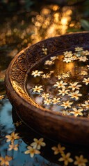 Wooden bowl, floating flowers, water, garden, sunset, spa, relaxation, serenity, tranquility, wellness