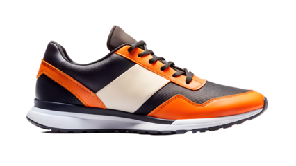 Orange, black, and white athletic sneaker isolated on transparent background