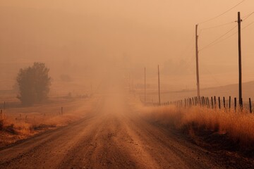 Rural Road Surrounded by Thick Smoke from Nearby Wildfire