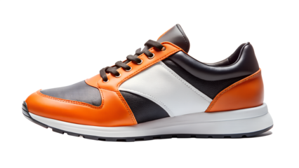 Orange, black, and white athletic sneaker isolated on transparent background