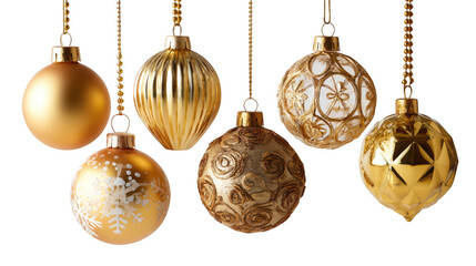 Collection of six assorted gold christmas ornaments hanging and isolated on a transparent background