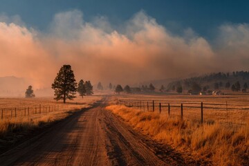 Obraz premium Rural Road Surrounded by Thick Smoke from Nearby Wildfire