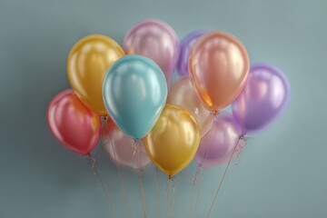 Bunch of pastel balloons floating against a blue background for a celebration