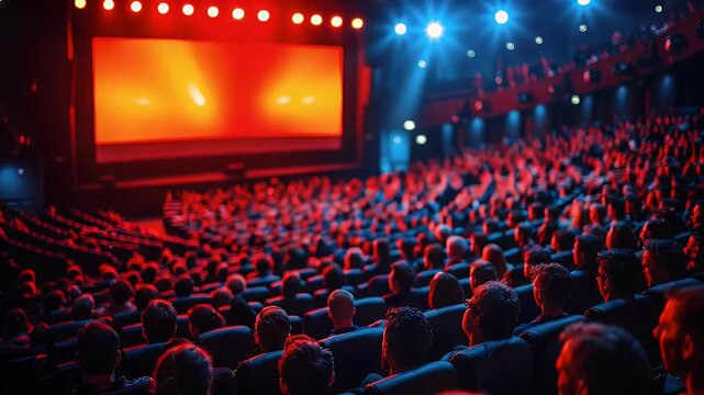 Immersive Cinema Experience: A Packed Audience Watches a Fiery Spectacle on a Big Screen