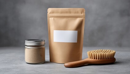 A brown kraft paper stand-up Pouch with a blank white label, next to a small jar of sugar and a wooden hairbrush, on a grey background, in a flat lay composition.