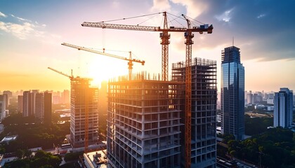 Skyscrapers under construction at sunset