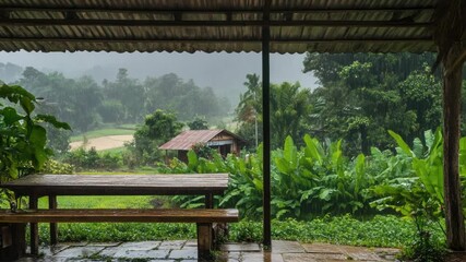A wooden bench sits beneath a metal roof, perfect for outdoor spaces or rustic decor