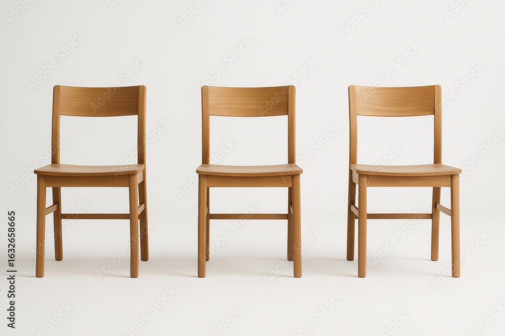 Poster three identical wooden chairs are standing in an empty room, evenly spaced apart, creating a sense o