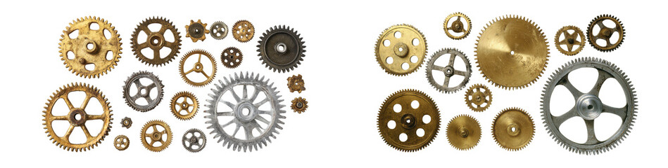 Assortment of various antique and modern gears and cogs, isolated on a transparent background