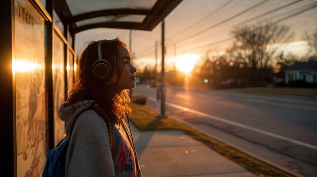 Morning before school: girl with backpack standing at bus stop wearing headphones at sunrise