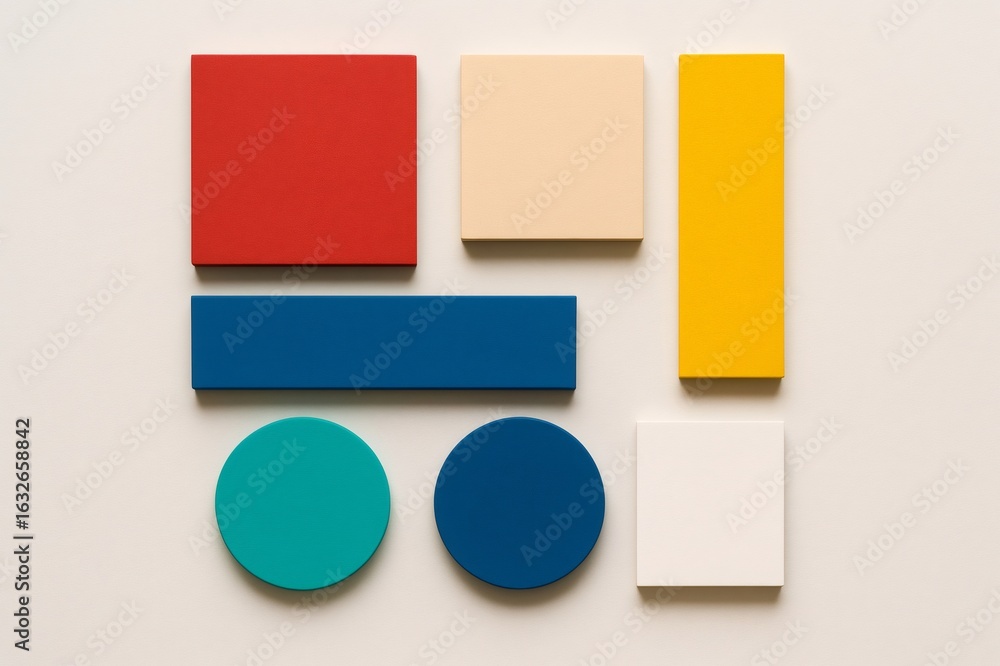 Poster modern abstract composition featuring colorful geometric shapes arranged on a white background, form