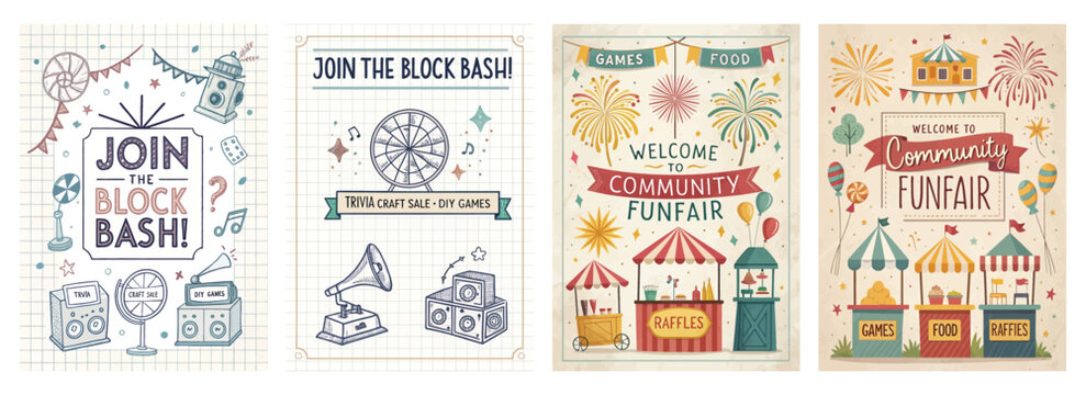 Set of four posters featuring vibrant graphics for a block bash and community funfair event