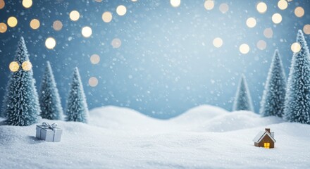 Illustration of winter landscape with snow covered trees, gift and a small house