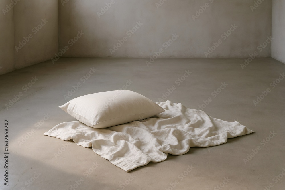 Poster comfortable pillow lies on a soft linen sheet in a minimalist room, creating a serene and inviting a