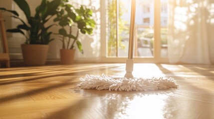 A mop on a shiny wooden floor with sunlight streaming through windows and plants in the background.