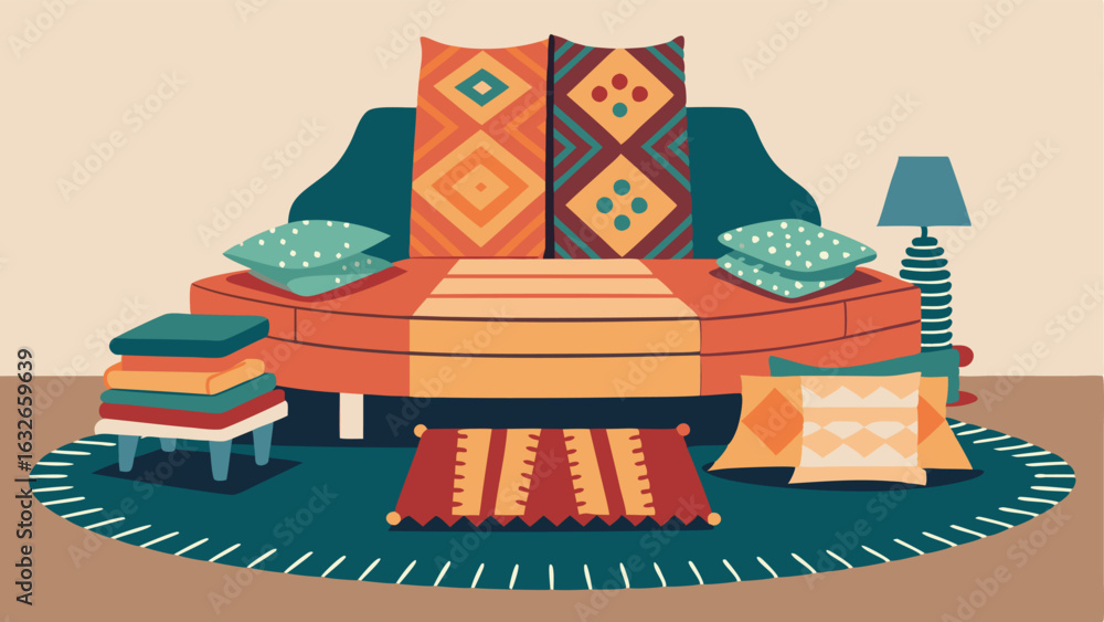 Poster An eclectic mix of patterned rugs layered on top of each other creating a cozy and inviting seating area.
