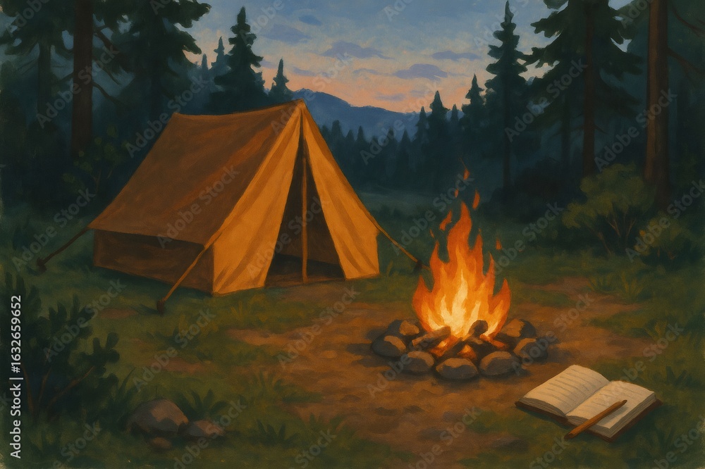 Poster warm glow of campfire illuminates tent and open notebook in serene forest setting, creating idyllic 