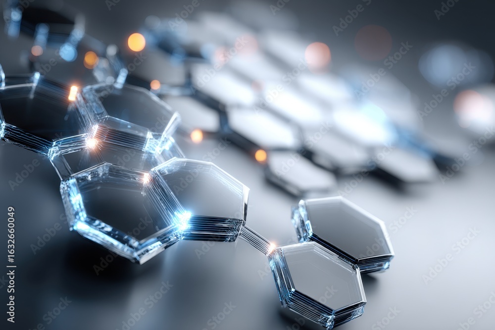Poster abstract illustration of glowing blue hexagon in a network of grey and white hexagonal geometric sha